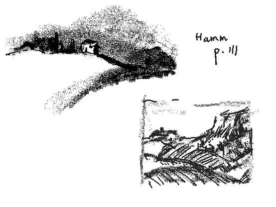 Two pixel landscapes in black and white, showing houses in the hills. From page 111, "Landscapes and Seascapes", Jack Hamm