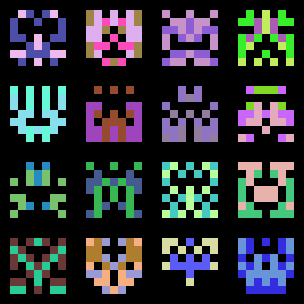 a 4x4 grid of multicolored 7x7 pixel aliens a la space invaders