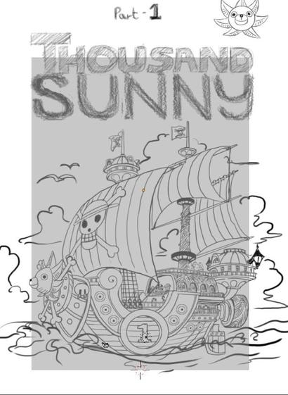 Referencia del barco Thousand Sunny del manga con un rectángulo en frente que muestra las medidas de referencia. Contando con los mástiles, tan solo cubre como unos 4/5 de la altura total de la referencia.