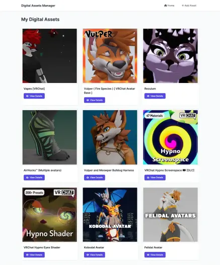 A grid array of multiple different vrchat assts that have thumbnails, and titles of the assets with a button to view the details