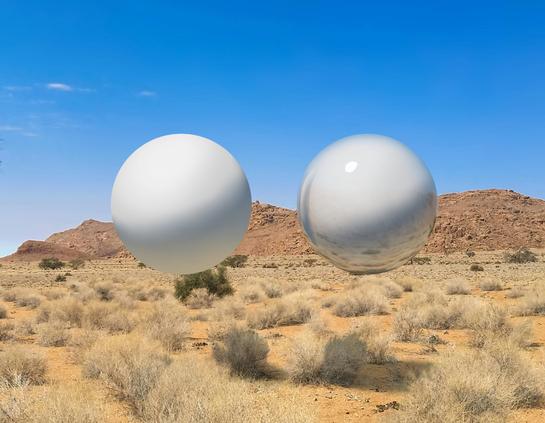 Digital drawing of two white spheres floating over a desert scene. One sphere is very matte and smooth while the other is highly glossy.