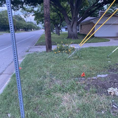 Electric pole and guy wires are exactly where one expects the sidewalk to go.