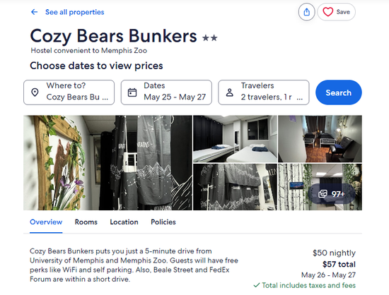 A hotels.com listing for "Cozy Bears Bunkers," a hostel in part of an old office building at 2600 Poplar Ave in Memphis, Tennessee.