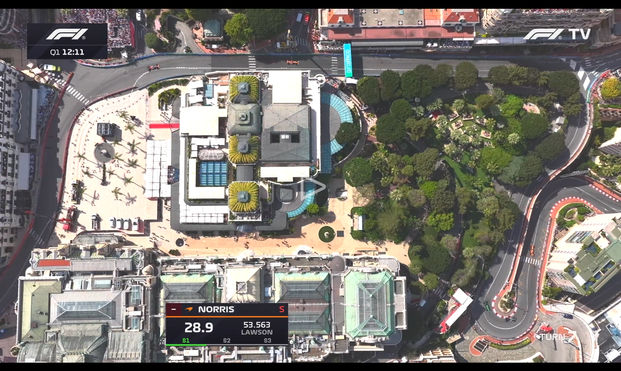 A screenshot from today's F1 qualifying - a top-down view of the casino in Monte Carlo surrounded on 3 sides by the race track.