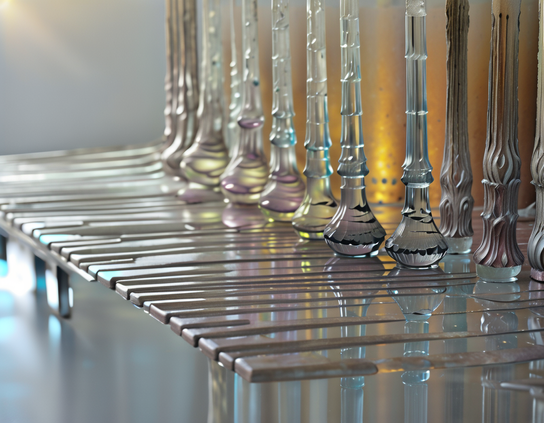 A futuristic nano-scale  musical instrument for nanobots, constructed of an array of glass-like sculptural columns arranged on a bed of clear reflective keys, in shades of gold, silver, and blue on a glossy background. Macro photography style.