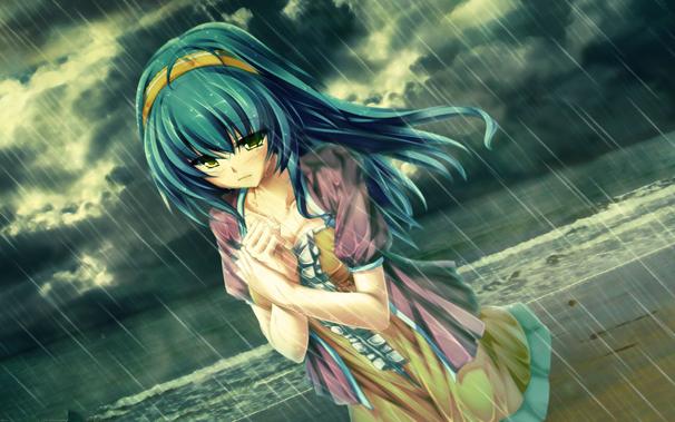 Green haired anime girl under rain and near to beach