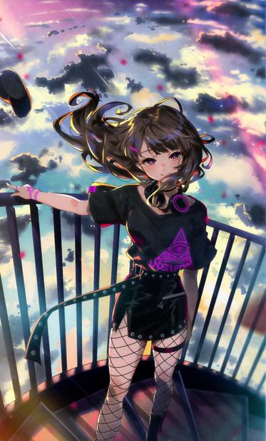Anime girl in rockstar short clothes with fishnets. Near to... um... high floor fence in front of window? There are clouds behind her.