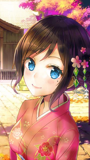 Kimono anime girl portrait. Orange sunlight baths her face.