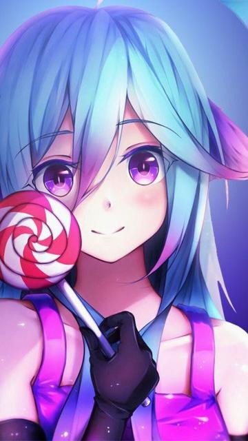 Cute anime girl, blue-haired and with a candy circle with... um... thin stick to grab it? She has the candy near to face, smiling.