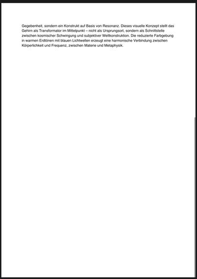 Gegebenheit, sondern ein Konstrukt auf Basis von Resonanz. Dieses visuelle Konzept stellt das Gehirn als Transformator im Mittelpunkt - nicht als Ursprungsort, sondern als Schnittstelle zwischen kosmischer Schwingung und subjektiver Weltkonstruktion. Die reduzierte Farbgebung in warmen Erdtönen mit blauen Lichtwellen erzeugt eine harmonische Verbindung zwischen Körperlichkeit und Frequenz, zwischen Materie und Metaphysik.🖖