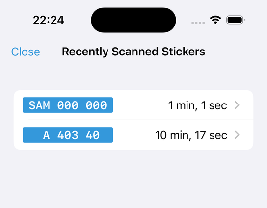 Bike Index v1.4.1 (beta build 41) showing Recently Scanned Stickers. The list has two stickers, "SAM 000 000" and "A 403 40" which have a monospaced font and blue rectangle background.