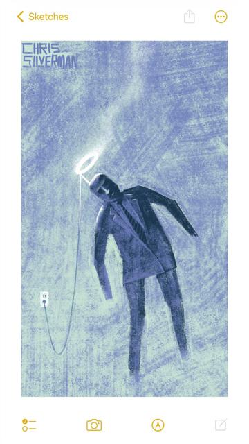 A stiff figure in a suit tilts sideways, looking off-balance. Fixed to its head is a large, glowing white halo mounted on a small pole. Thin smoke rises from the halo. The halo is plugged into a wall outlet, and it is the shortness of the cable that is causing the figure to tilt. This is a dull green and periwinkle painting, with the figure rendered in dark shades of periwinkle. The painting is signed "Chris Silverman".