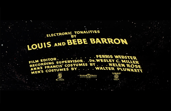 A title card from the movie Forbidden Planet (1956)

Bold yellow text on black starry background

Electronic Tonalities by Louis and Bebe Barron
Film Editor - Ferris Webster
Recording Supervisor - Dr Wesley Miller
Anne Francis' Costumes by Helen Rose
Men's Costumes by Walter Plunkett