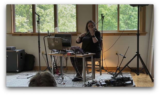 Photograph of a middle aged woman in black seated at a gear-covered table playing an electric violin. Behind her are large windows opening onto lush greenery.