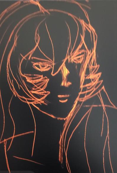 Black background and an orange lines sketch of Jane flower from space adventure cobra. She's looking off to the right and a little forward with volumous hair covering her ears and should it is a busy shot and her neck and shoulders are uncovered.