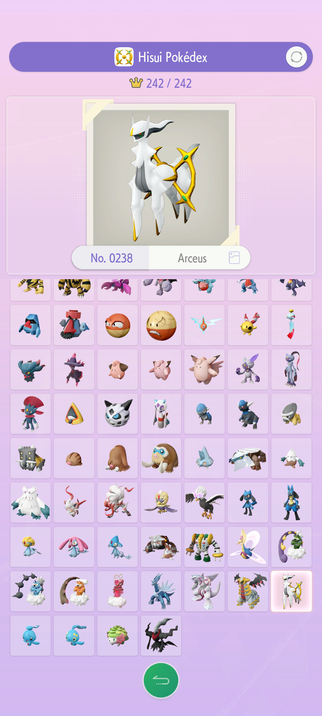 Hisui Pokédex showing Pokémon Arceus and a complete Pokédex.
