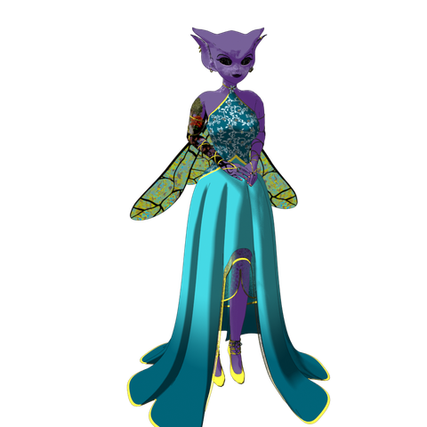A purple skinned faerie with a full sleeve tattoo on her right arm wearing a sea-foam coloured gown with floral embellishments stands politely. Her hand barely touch in front of her, and her wings are folded down in deference.