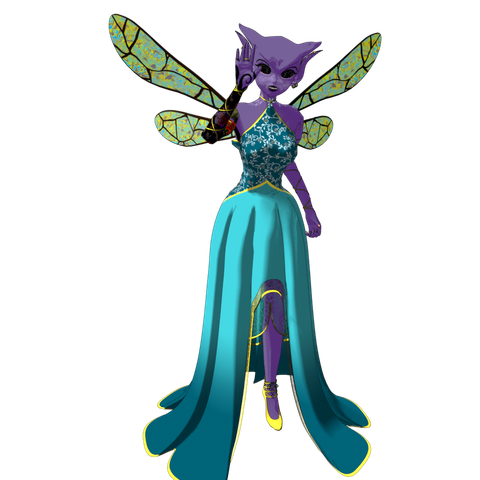 A purple skinned faerie with a full sleeve tattoo on her right arm wearing a sea-foam coloured gown with floral embellishments smiles and looks toward the viewer. She waves with her right hand.
