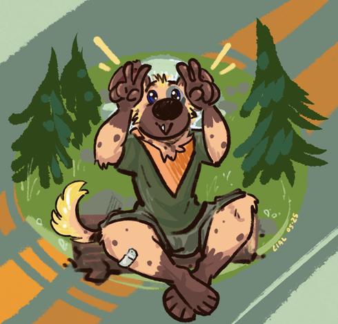 my hyena sona sitting on a log making "horns/ears" of the jackalope by doing peace signs up by his head. hes making baby eyes and dressed in a summer camp outfit