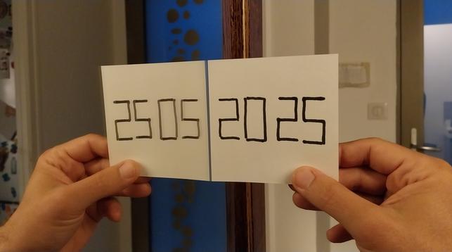 Ma main tient un papier carré sur lequel est ecrit 2025 perpendiculairement à un miroir. Avec la symetrie, on peut lire 25 05 2025.