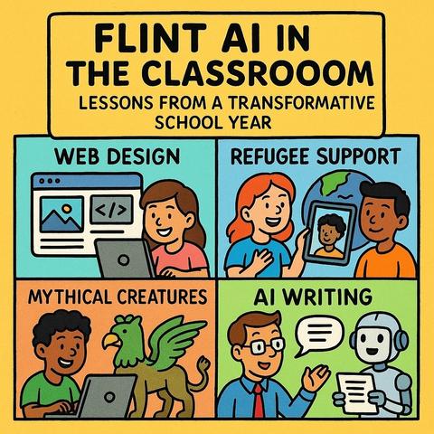 A colorful infographic titled "Flint AI in the Classroom" highlights lessons from a transformative school year. It features four sections: "Web Design," showing a student at a computer; "Refugee Support," depicting two students with a tablet; "