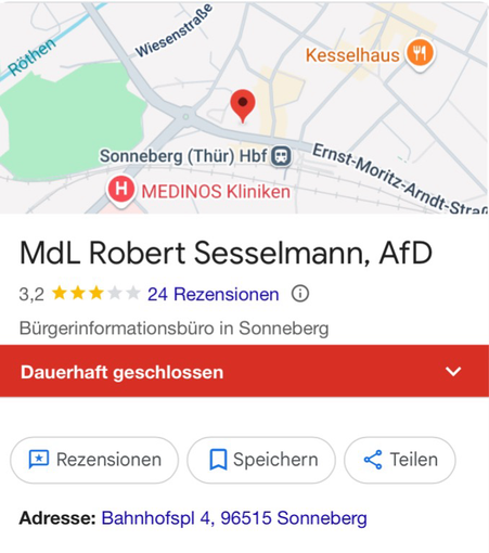 Screenshot von Google der zeigt, dass das Bürgerinformationsbüro in Sonneberg dauerhaft geschlossen ist.