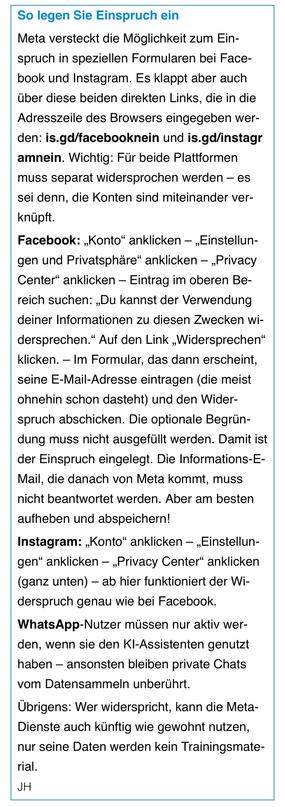 Anleitung zum Einlegen von Einspruch gegen Facebook und Instagram zur Verwendung der persönlichen Daten für KI Training.