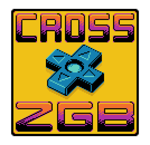 Image of the text "Cross ZGB" with a game-pad graphic located between the two words. Pixelated style with dithered gradients from orange to magenta to  black. Yellow background