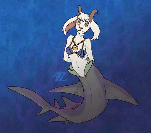 Charlotte, a female anthropomorphic goat, is combined with the bottom half of a nurse shark. She smiles to the viewer with golden eyes, arms behind her back in a casual pose.