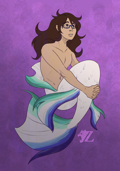 Brian, a male human with long brown hair and glasses, is combined with the bottom half of a white koi with tones of the trans-inclusive gay male flag on the fins. He is curled up a bit, hands holding each other on the underside of the curled up body.