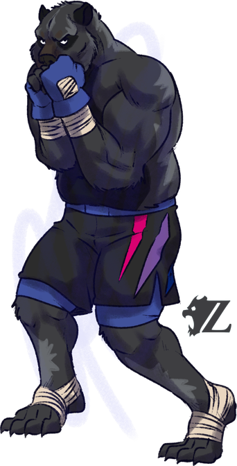 Paddy, a male anthropomorphic bear, has his fists up to his face, protecting his face and torso with his arms. He wears blue fingerless gloves and compression shorts, with a loose pair of black shorts over those. The shorts have slash marks in the colors of the bisexual pride flag.