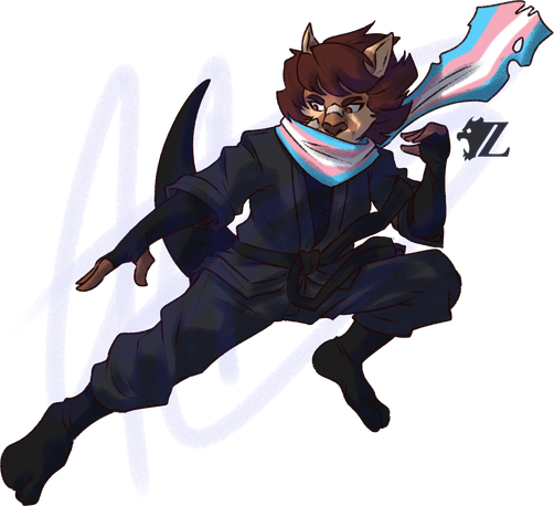 Sidney, a female anthropomorphic canid, strikes a pose as she kicks down to the left. She wears a black ninjitsu gi, darker wraps on the arms and tabi boots, as well as bright scarf fluttering behind her in the colors of the transgender pride flag.
