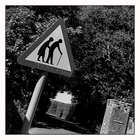 A treefy country lane with an artificial archway showing a well trimmed hedge beyond has an elderly person(s) crossing sign in front and a brick wall to the right.
