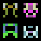 a 2x2 grid of multicolored 6x6 pixel aliens a la space invaders