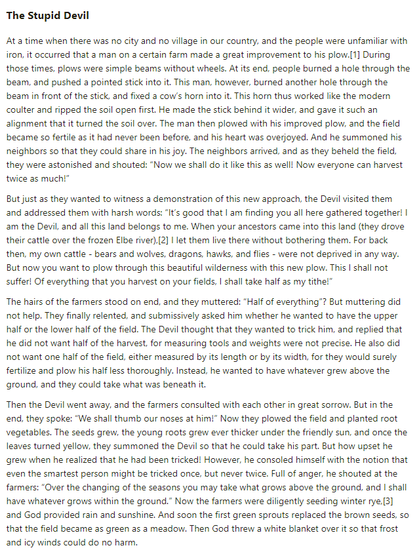 Part 1 of German folk tale "The Stupid Devil". Drop me a line if you want a machine-readable transcript!