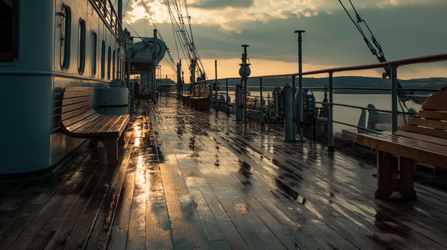 Silence sur le pont au coucher du soleil.
Scène nostalgique et paisible sur le pont d’un vieux bateau éclairé par une lumière dorée du soir.
Nostalgic and peaceful scene on the deck of an old boat lit by golden evening light.