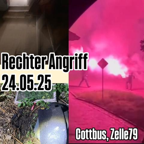 Teaserbild zum rechtsextremen Angriff auf die Zelle79. Es sind Menschen mit Feuerwerk zu sehen und Brandschäden im Eingang und dem Boden