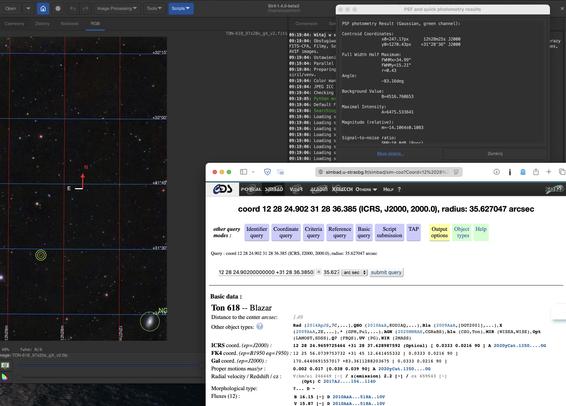 The image displays a star field with a focus on the blazar Ton 618. On the left, there's a zoomed-in view of the star field with coordinate grids. On the right, details and photometry results for Ton 618 are shown.

Obraz wyświetla pole gwiazdowe z naciskiem na blazar Ton 618. Po lewej stronie znajduje się powiększony widok pola gwiazdowego z siatkami współrzędnych. Po prawej stronie pokazano szczegóły i wyniki fotometrii dla Ton 618.