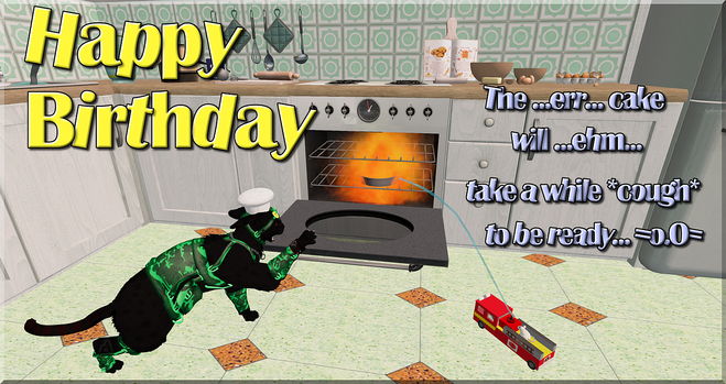 A virtual birthday card featuring a black serval trying to stop the cake which burns in the oven because they (mouse and the serval cat) confused fahrenheit and celcius.