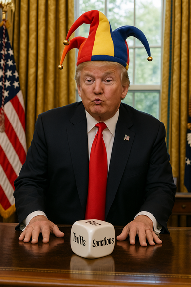 An AI generated picture of Trump, wearing a smug expression and his characteristic pout, standing behind the desk in the Oval Office with a jester’s hat on his head. On the desk lies a die, its sides bearing the words: Tariffs, Sanctions, and Ban.