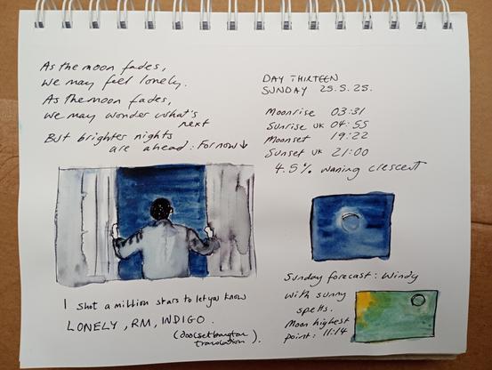 Text about moon and RM Come back to me. Small ink sketches of waning crescent moon, and of a man's back looking out of a window, holding back curtains, at dark sky.