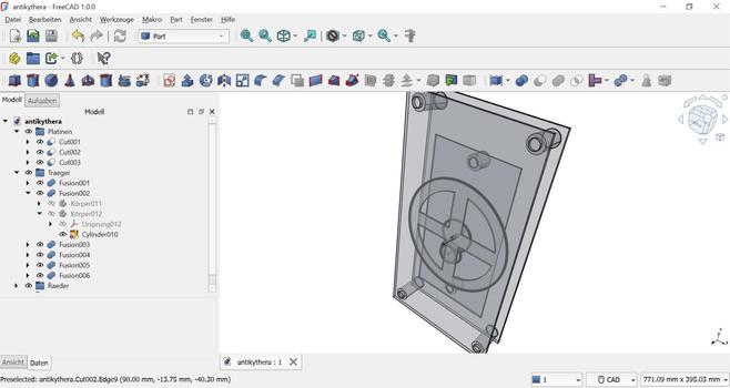 CAD software screenshot, first outlines of a 3D-printable model of the Antikythera mechanism.