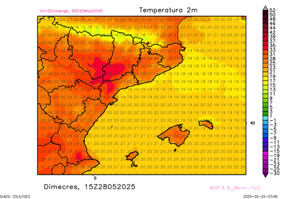 Mapa de temperatura a les 15 UTC prevista per a dimecres (WRF / 3Cat)