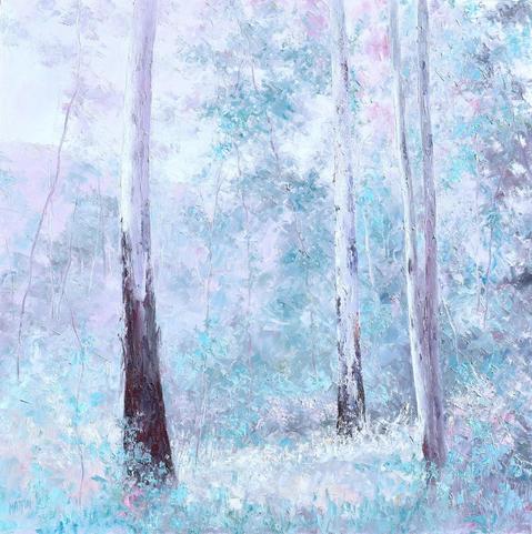 Gum trees in a forest, painted in soft tones of turquoise green and palest pink.