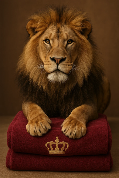 AI image, lion guarding a neatly folded royal towel with a crown symbol embroidere on it