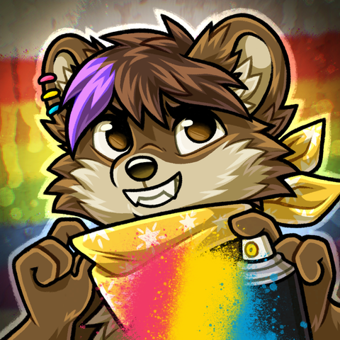 Sascha, the anthro bearkitty, a bear-lynx hybrid with a purple streak in his hair is shown with a bandana, a spraypaint can in his hand 
He has just sprayed a pansexual pride flag on the screen and has a smug, combative grin on his face.
In the background, the rainbow pride flag is shown.