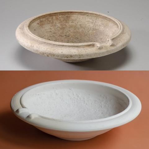 Two bowls: one old, one new. Both are white, wide, made of earthenware, rough on the inside and they have a pouring lip.