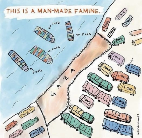 comic by weirdmomart showing Gaza surrounded by barbwire while surrounded from all sides with boats and trucks carrying food