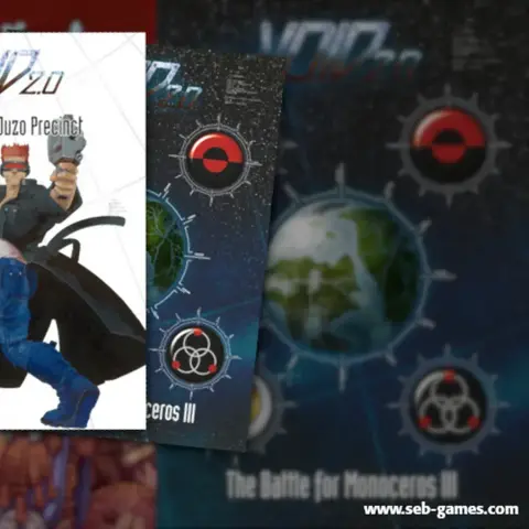 The image features several tabletop gaming rulebooks stacked together. The prominent cover in the foreground displays "Urban War: Strike Team Action" with a striking design featuring a gas mask and bold text. Behind it, two VOID rulebooks are visible: one titled "VOID 2.0: Assault on Juzo Precinct," showcasing a character with a gun, and another titled "VOID 2.0: The Battle for Monoceros III," featuring a stylized planet and graphic elements. The overall color scheme includes dark tones with vibrant accents, emphasizing the sci-fi theme.