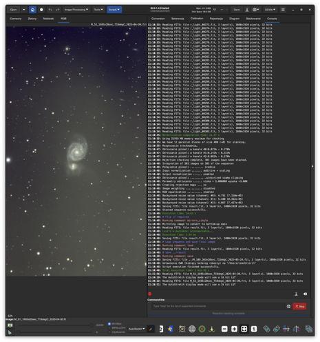 An image of a galaxy, likely the Whirlpool Galaxy (M51), is displayed alongside a console showing details about astronomical image processing, including FITS file reading, stacking parameters, and execution logs related to image calibration and analysis.

Obraz galaktyki, prawdopodobnie galaktyki Whirlpool (M51), jest wyświetlany wraz z konsolą pokazującą szczegóły dotyczące astronomicznego przetwarzania obrazu, w tym odczytywanie plików FITS, parametry układania w stosy i dzienniki wykonania związane z kalibracją i analizą obrazu.